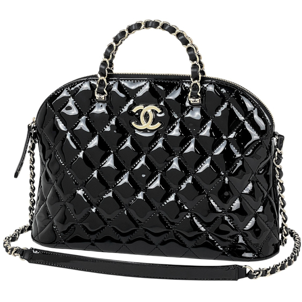 Chanel Coco Mark Handbag, Chain, 2-Way, Enamel Patent Leather, Black, Women's